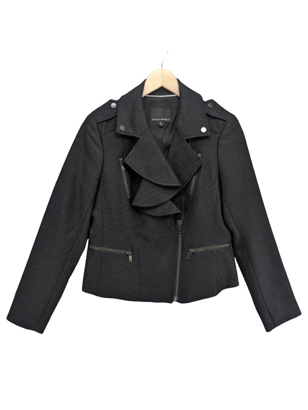 Banana Republic Flounce Front Moto Jacket Womens Black Metallic Ruffle Size 10